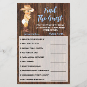 Find the Guest Cowboy Baby Shower Game Card