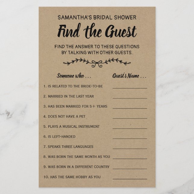 Find the guest english spanish bridal shower game (Front)