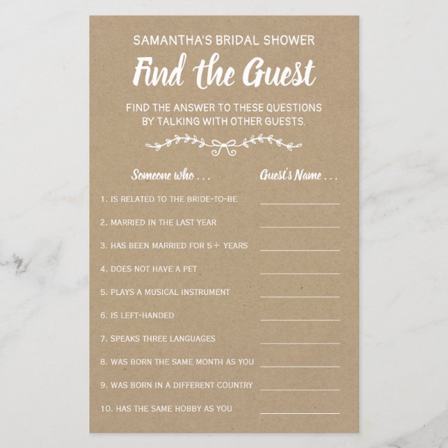 Find the guest english spanish bridal shower game (Front)
