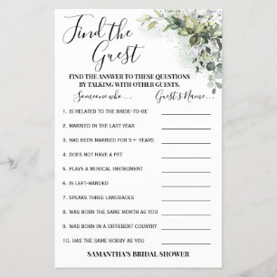 Find the Guest Eucalyptus Bridal Shower Game Card
