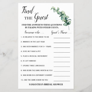 Find the Guest Eucalyptus Bridal Shower Game Card