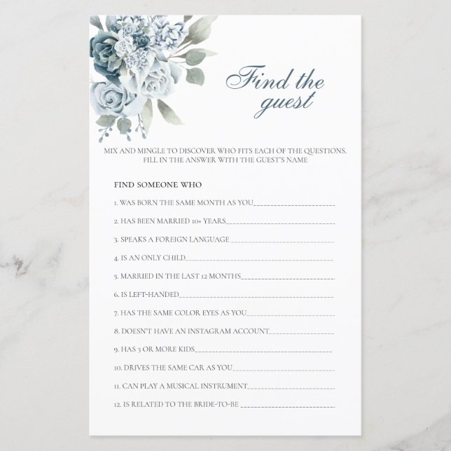 Find the Guest Floral Bridal Shower Game (Front)