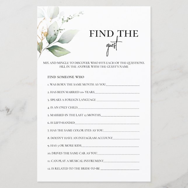 Find the Guest Greenery Bridal Shower Game (Front)