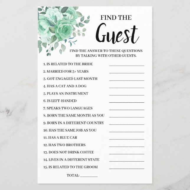 Find the Guest GreenRoses Bridal Shower Game Card (Front)