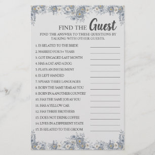 Find the Guest Grey Floral Bridal Shower Game Card
