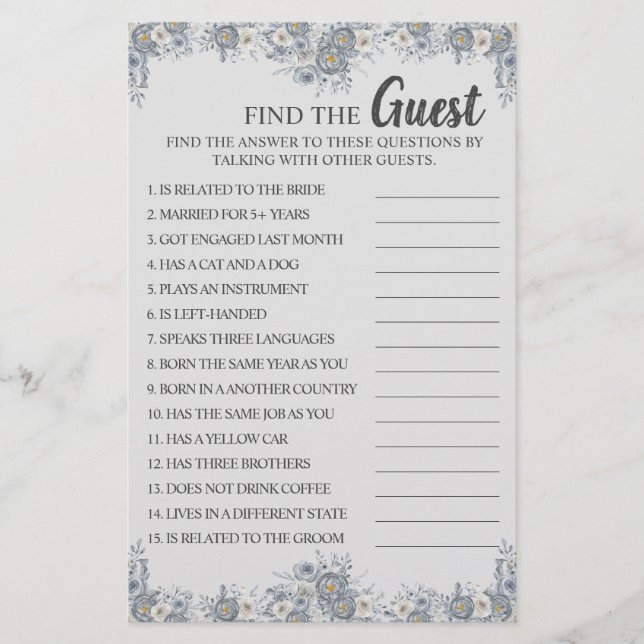 Find the Guest Grey Floral Bridal Shower Game Card (Front)