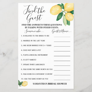 Find the Guest Lemons Bridal Shower Game Card
