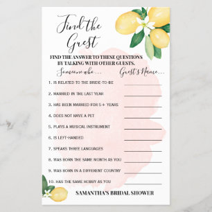 Find the Guest Lemons Pink Bridal Shower Game Card