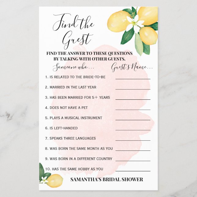 Find the Guest Lemons Pink Bridal Shower Game Card (Front)