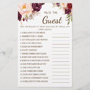 Find the Guest Marsala Bridal Shower Game Card