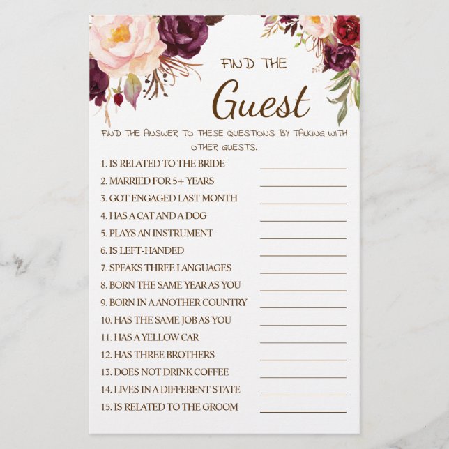 Find the Guest Marsala Bridal Shower Game Card (Front)