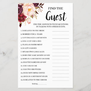 Find the Guest Marsala Bridal Shower Game Card