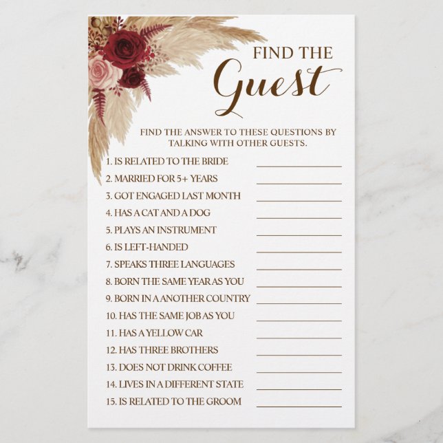 Find the Guest Pampas Bridal Shower Game Card (Front)