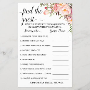 Find the Guest Pink Bridal Shower Game Card