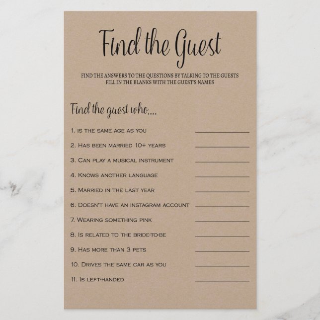 Find the Guest Rustic Kraft Bridal Shower Game (Front)