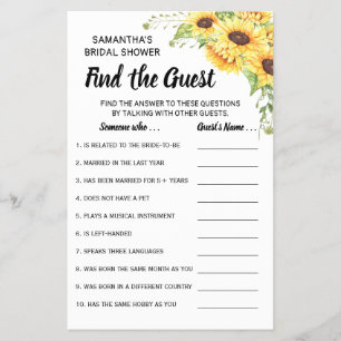 Find the Guest Sunflowers Bridal Shower game card