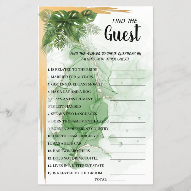 Find the Guest Tropical Bridal Shower Game Card (Front)