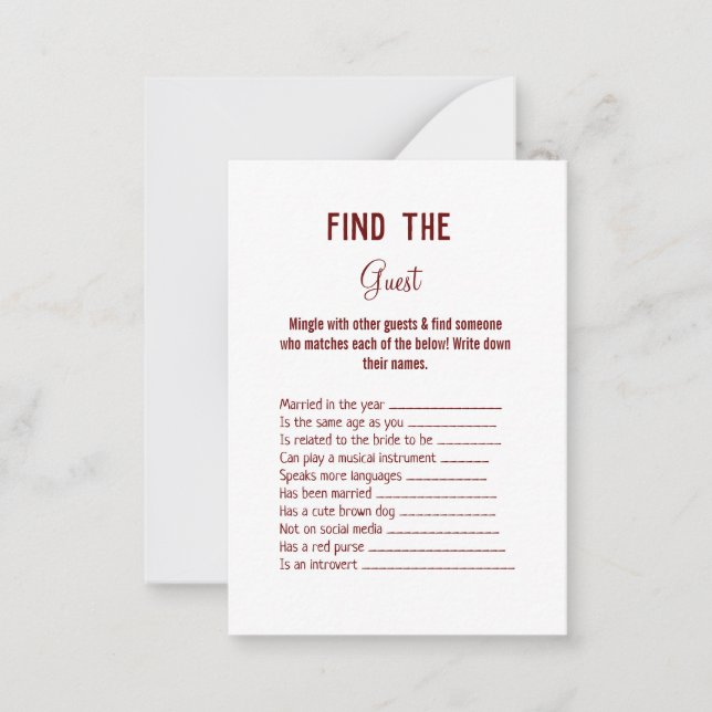find the guest wedding bridal shower game card (Front)