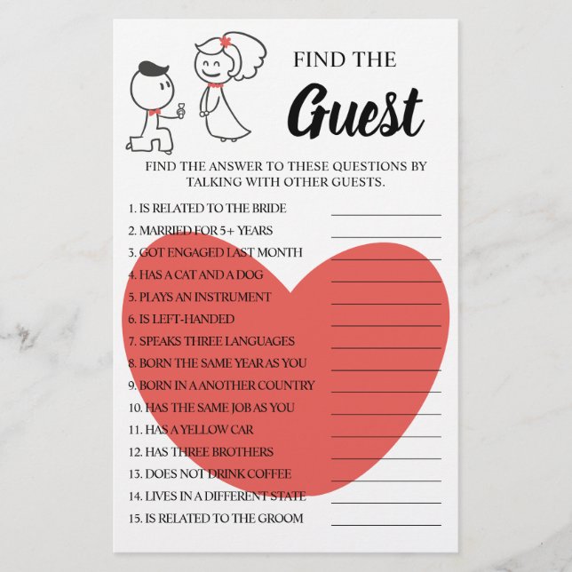 Find the Guest wedding Couple Shower Game Card (Front)