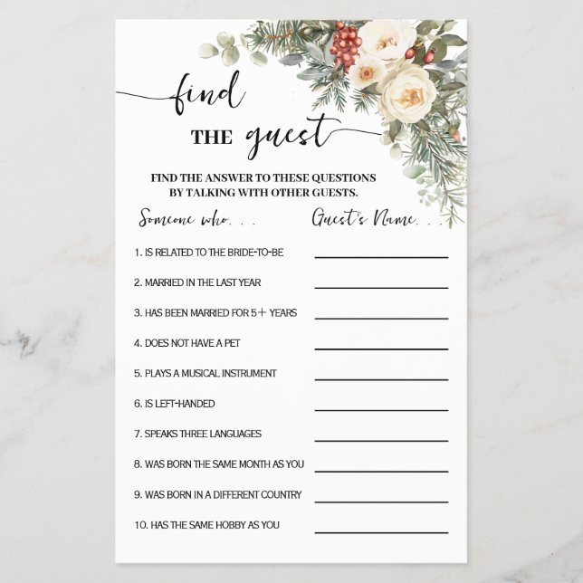 Find the Guest Winter Bridal Shower Game Card (Front)