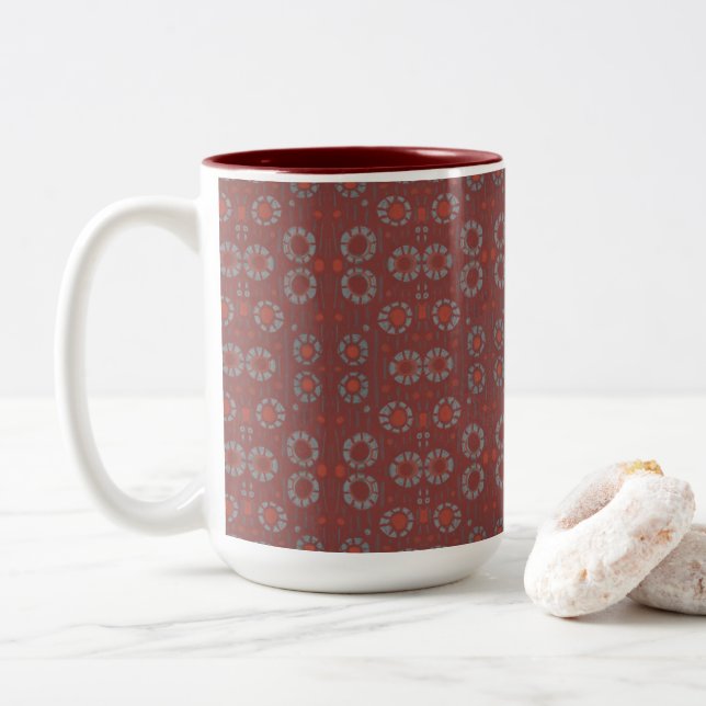 Find the Rabbit, rustic pattern, grey & terracotta Two-Tone Coffee Mug (With Donut)