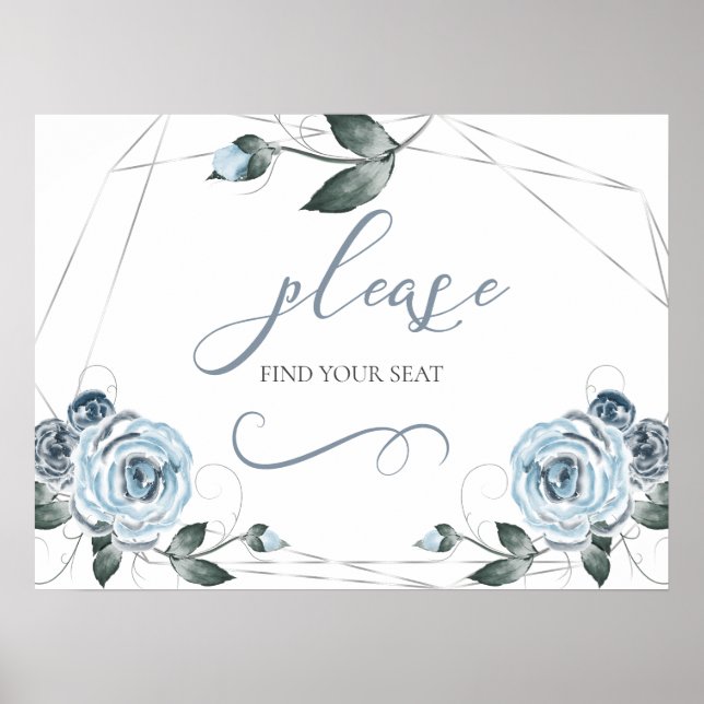 Find Your Seat Dusty Blue Rose Wedding Sign (Front)