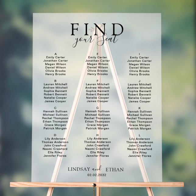 Find Your Seat! Elegant White Transparent Wedding Acrylic Sign (Neutral)