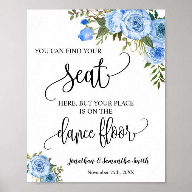 Find Your Seat Sign Wedding Reception Blue floral (Front)