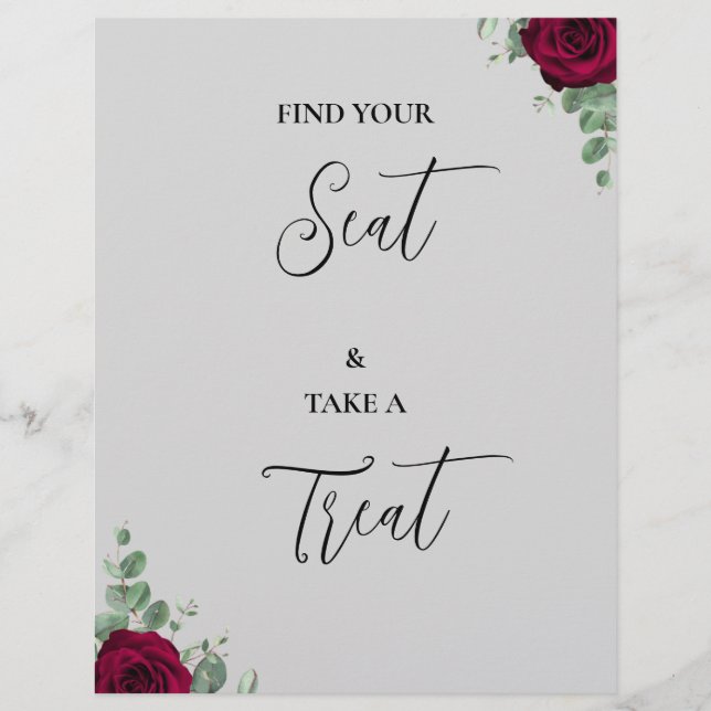 Find Your Seat & Take A Treat Red Rose Wed. Sign (Front)