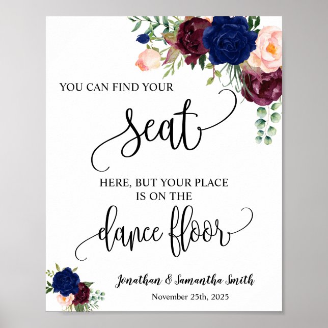 Find your seat wedding reception navy burgundy poster (Front)