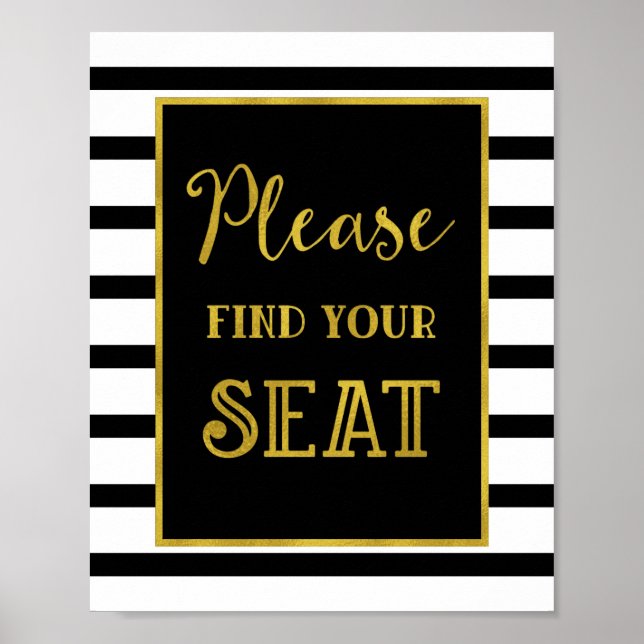 Find Your Seat Wedding Sign Gold Black Stripes (Front)