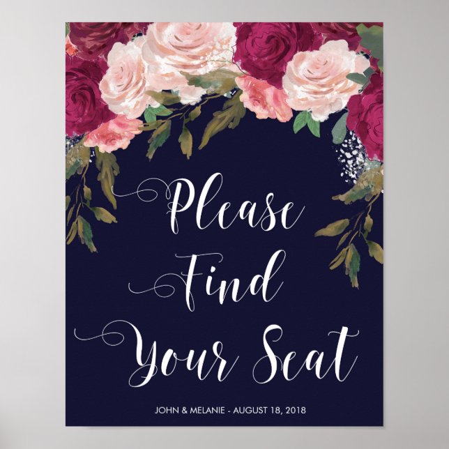 find your seat wedding sign navy pink floral (Front)