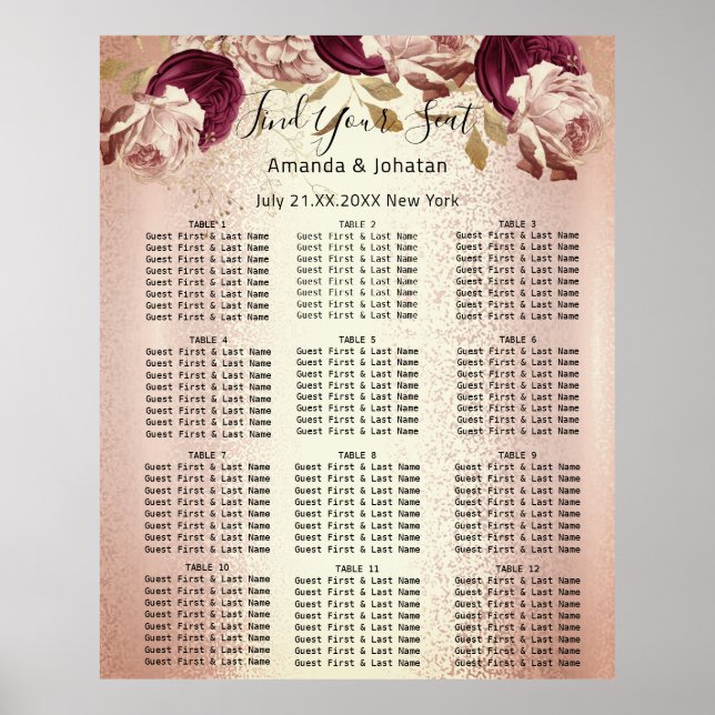 Find Your Seating Chart Wedding Event Rose 12 (Front)