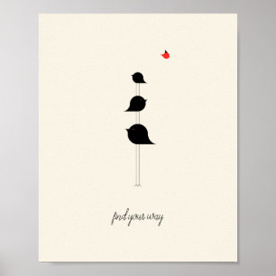 Find Your Way Cute Birds Black Red Drawing Poster