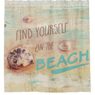 Find yourself on the beach aqua shell collage shower curtain