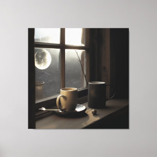 Finding winter tranquility with coffee and moon.  canvas print