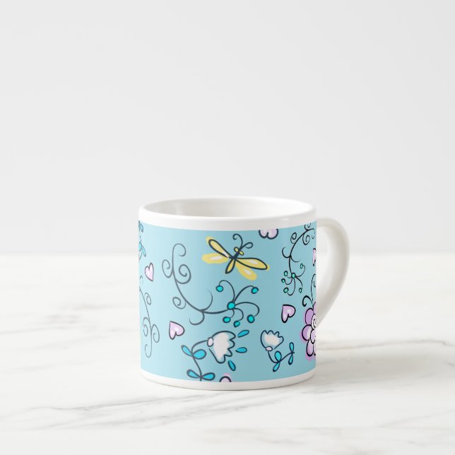 Fine Aqua Cool Cute Girly Retro Floral Espresso Cup (Front Right)