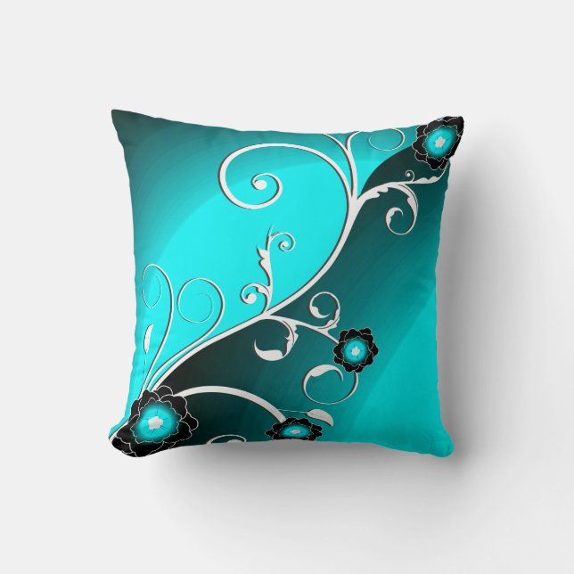 Fine Aqua Silver Cute Girly Retro Floral Cushion (Front)