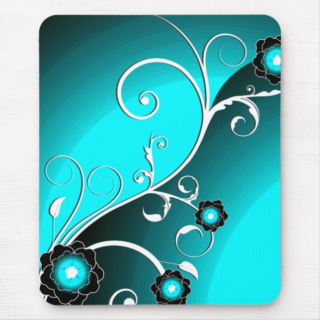 Fine Aqua Silver Cute Girly Retro Floral Mouse Mat (Front)