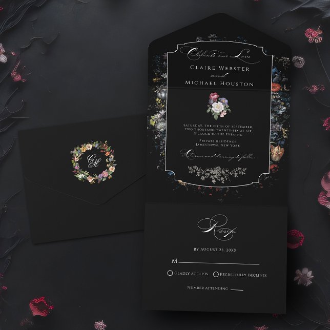 Fine Art Black Floral Calligraphy All In One Invitation (Creator Uploaded)