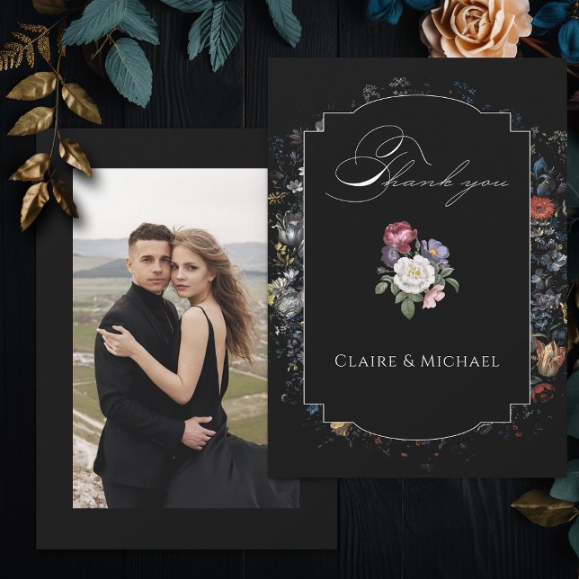 Fine Art Black Floral Calligraphy Photo Thank You Card (Creator Uploaded)