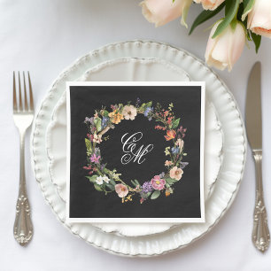Fine Art Black Floral Monogram Wreath Napkin