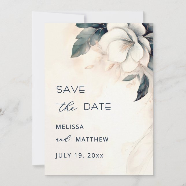Fine Art Blue Ivory Flower Save The Date (Front)
