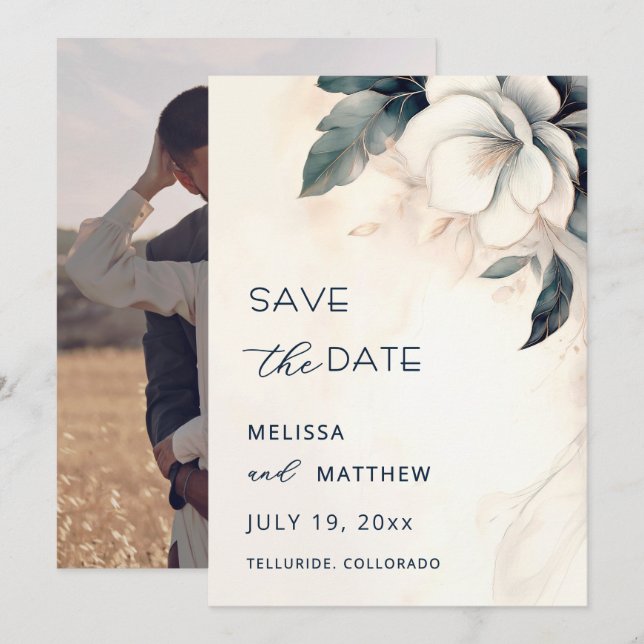 Fine Art Blue Ivory Flower Save The Date (Front/Back)