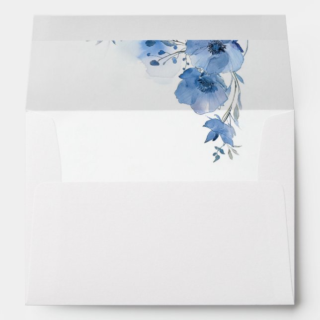 Fine Art Blue Watercolor Flowers Wedding Envelope (Back (Bottom))