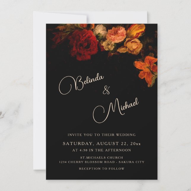 Fine Art Dark Floral Wedding Invitation (Front)