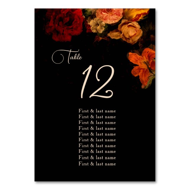 Fine Art Dark Moody Floral Wedding  Seating Chart Table Number (Front)
