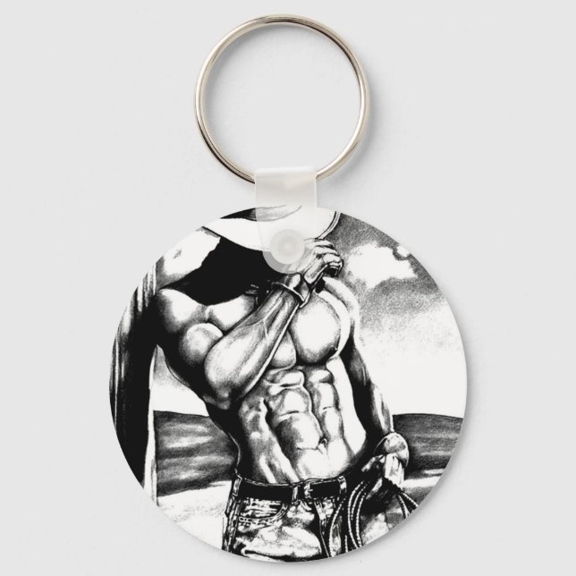 Fine art drawing handsome Cowboy Bodybuilder Key Ring (Front)