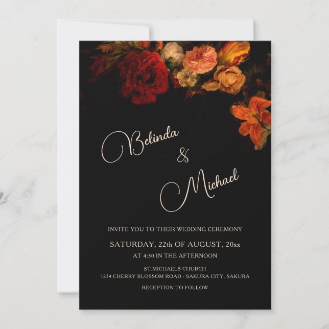 Fine Art Flowers Dark Wedding Invitation (Front)