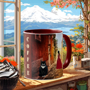 Fine Art Lady in Red Cute Cat Italian Mug